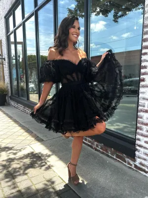 A-line Off-the-shoulder Black Homecoming Dress Charming Short Prom Dress Cocktail Dresses SEW0856