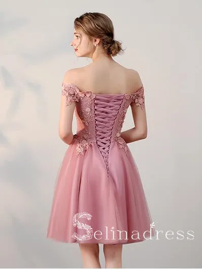 A-line Off-the-shoulder Pink Charming Short Prom Dress Homecoming Dress HML002