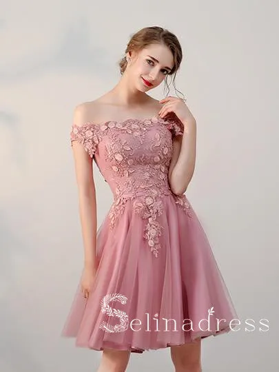 A-line Off-the-shoulder Pink Charming Short Prom Dress Homecoming Dress HML002