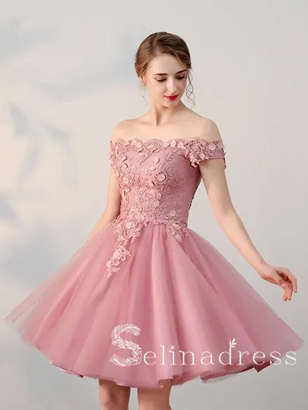 A-line Off-the-shoulder Pink Charming Short Prom Dress Homecoming Dress HML002