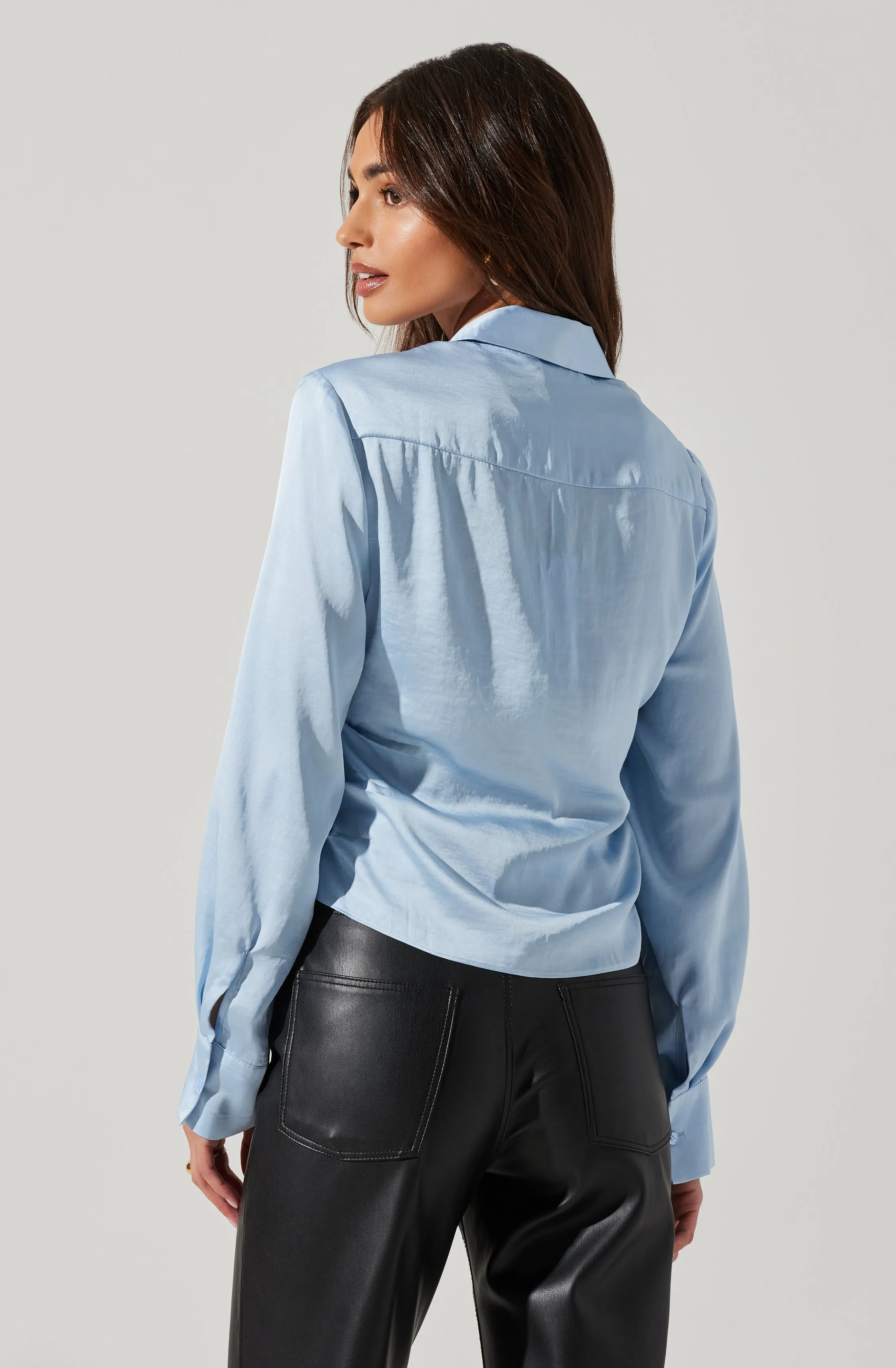 Angelina Satin Collared Ruched Long Sleeve Top