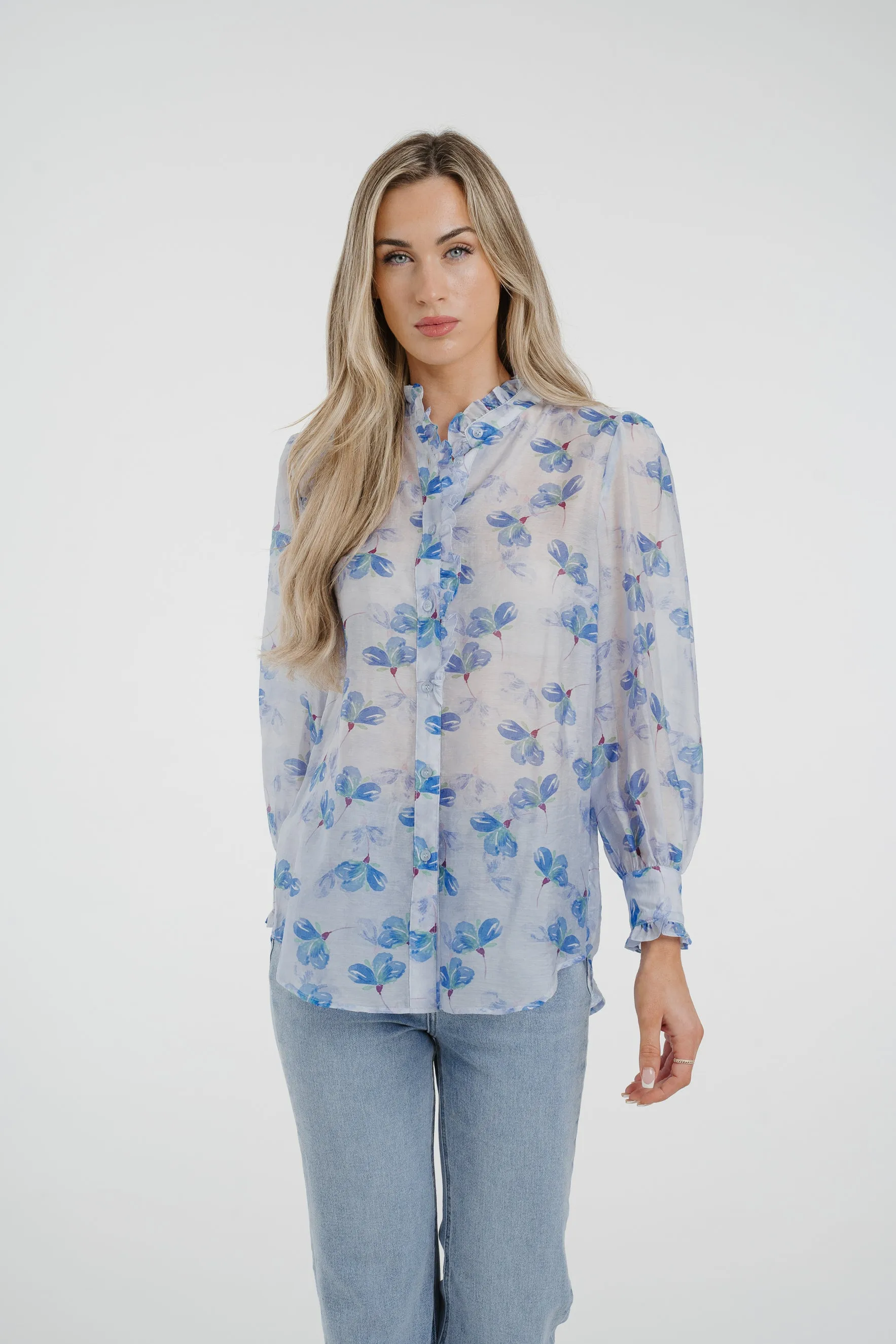 Arabella Frill Collar Blouse In Blue Floral