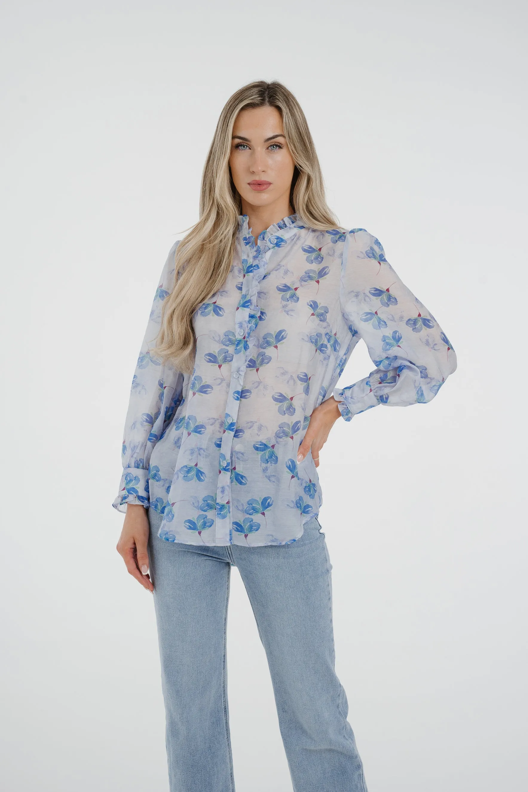 Arabella Frill Collar Blouse In Blue Floral