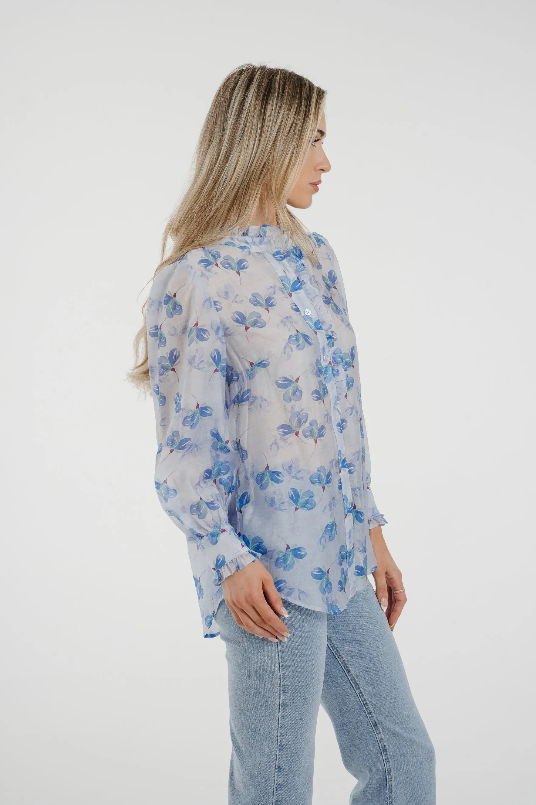 Arabella Frill Collar Blouse In Blue Floral