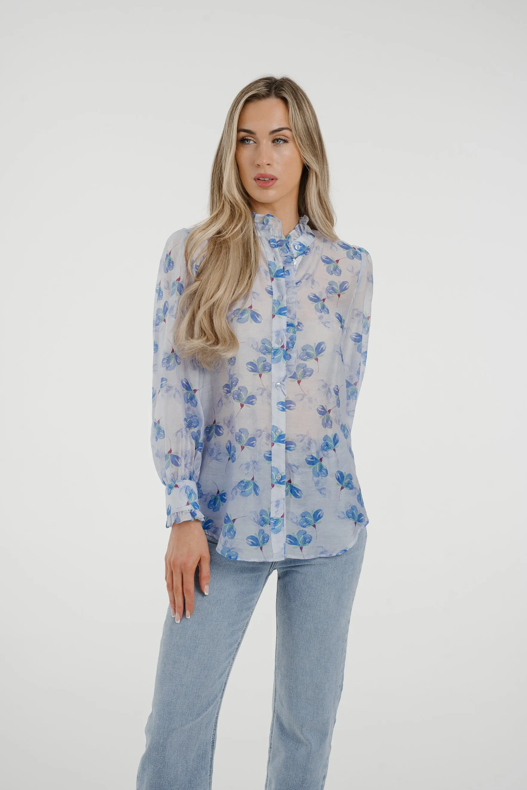 Arabella Frill Collar Blouse In Blue Floral