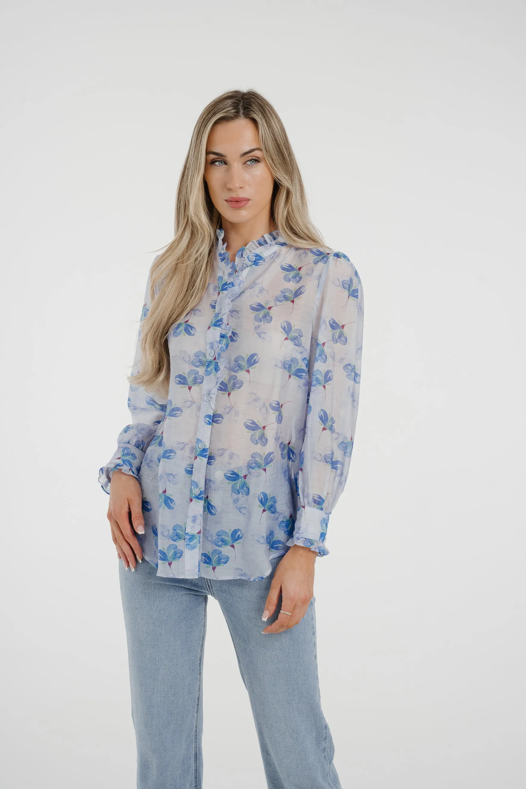 Arabella Frill Collar Blouse In Blue Floral