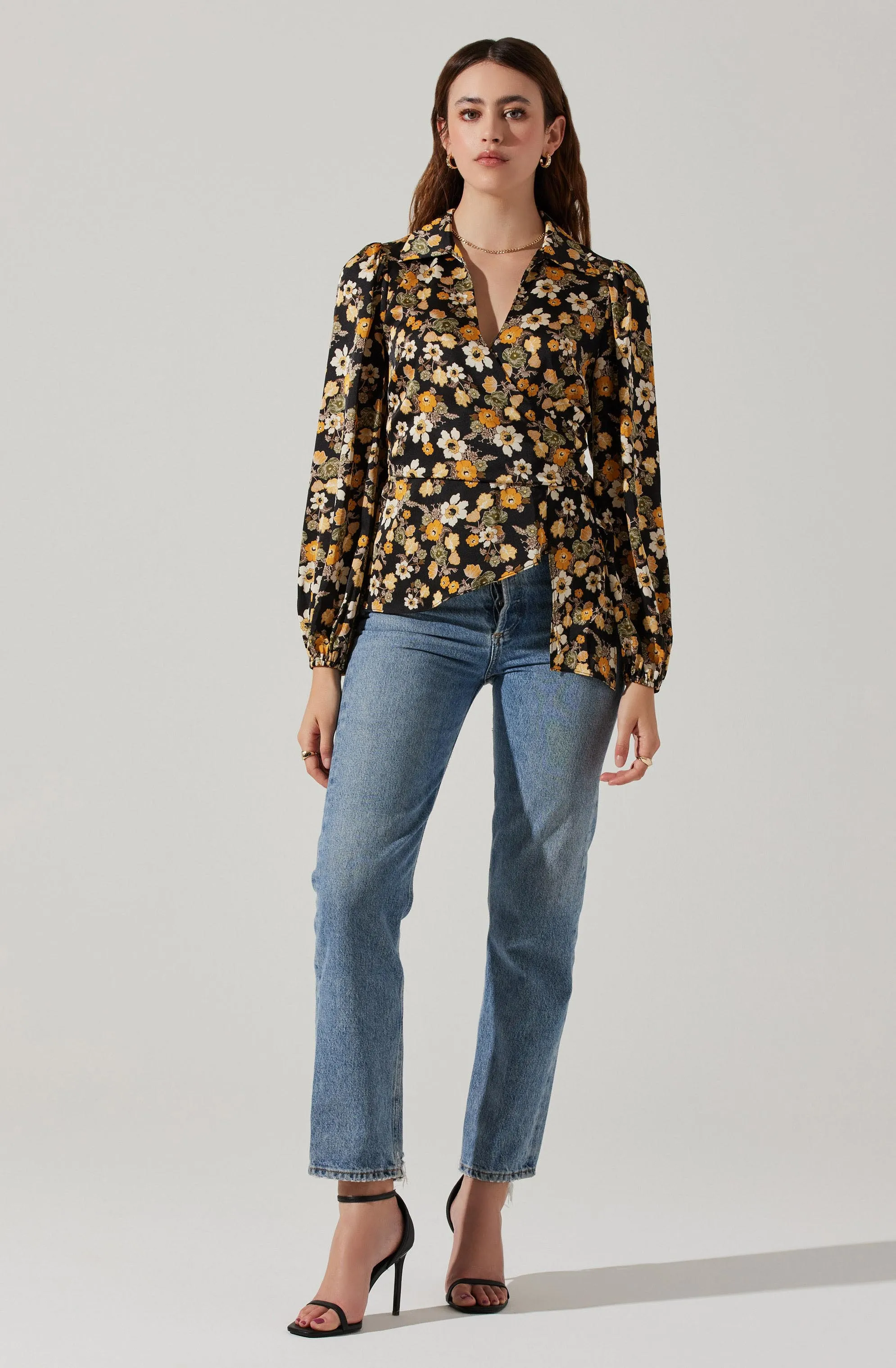 Asymmetrical Collared Floral Wrap Top