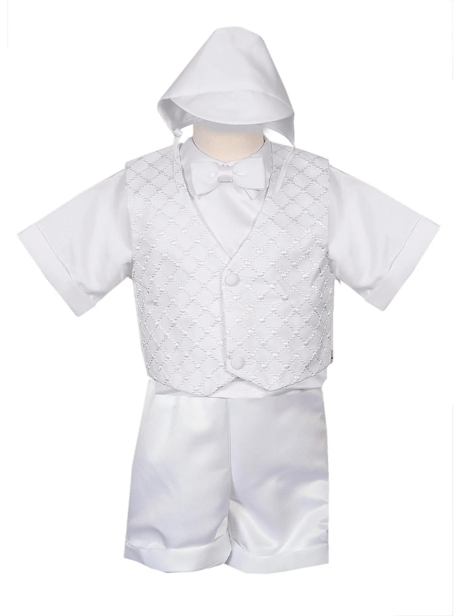 Baby Boys White 4 pc Diamond Pattern Vest Hat Baptism Outfit 3-24M