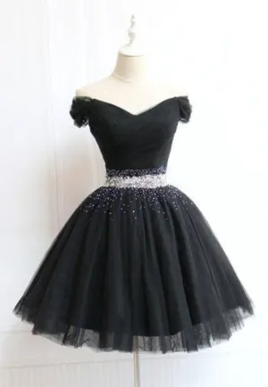 Beautiful Cute Charming Black Tulle V Neck Beaded Short Dress Black Homecoming Dress