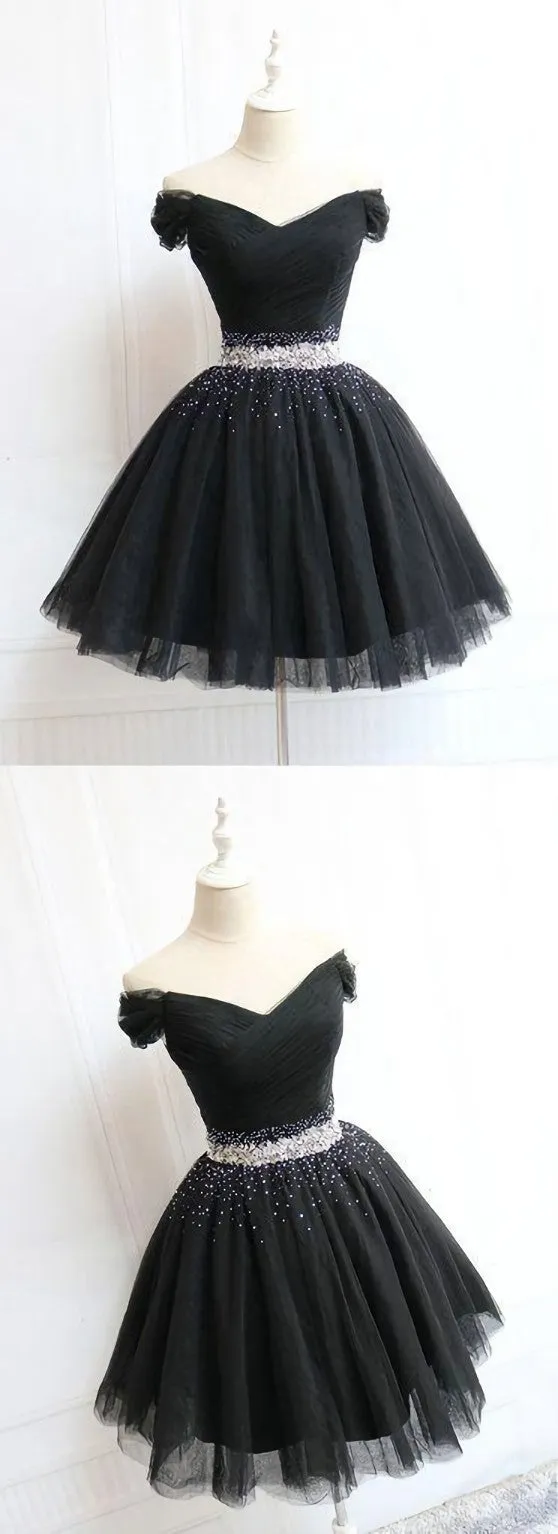 Beautiful Cute Charming Black Tulle V Neck Beaded Short Dress Black Homecoming Dress