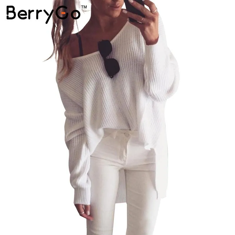 BerryGo Sexy off shoulder split knitted sweater Women brand black pullovers knitwear Autumn winter 2016 white jumper pull femme