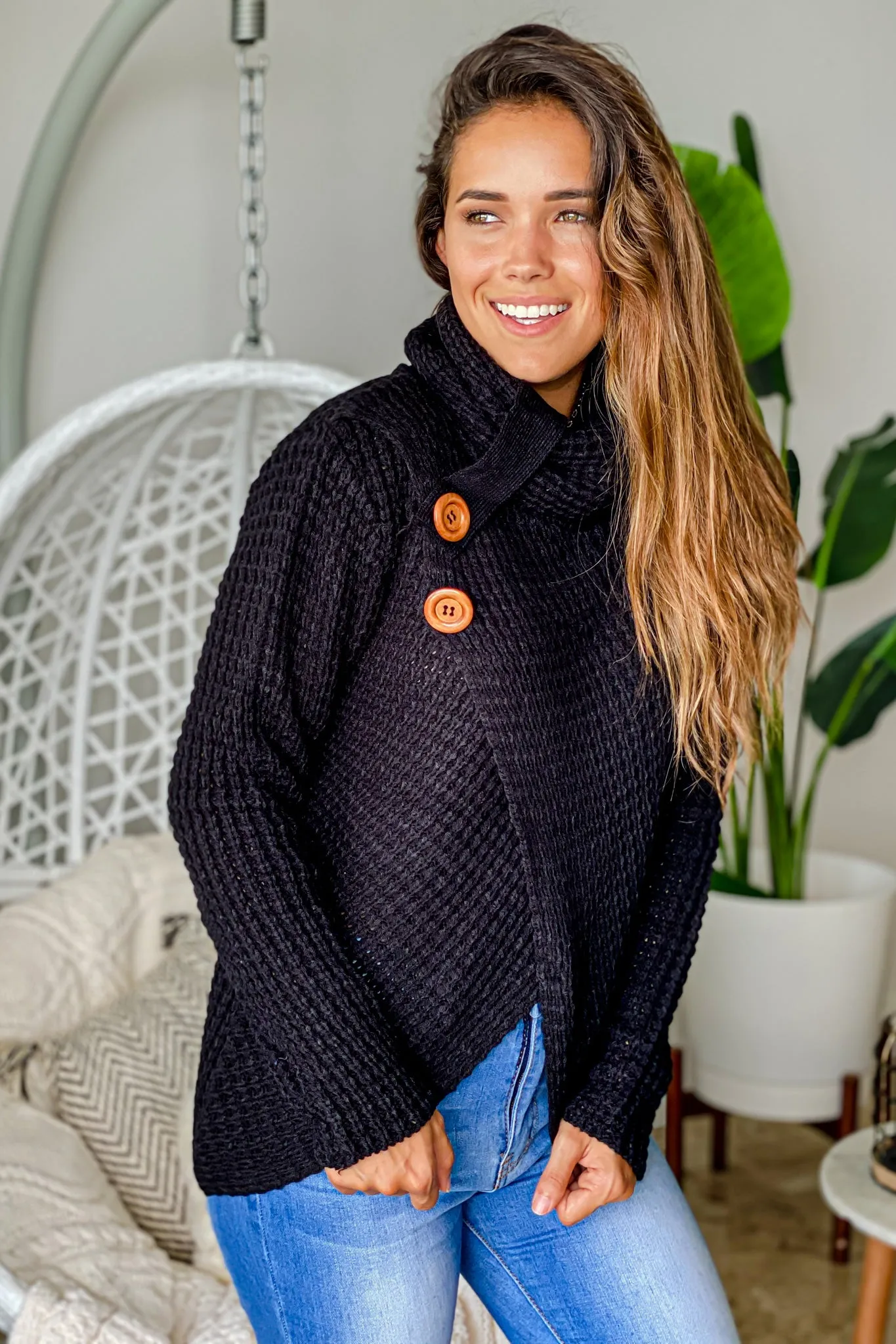 Black Knit Asymmetrical Sweater With Buttons