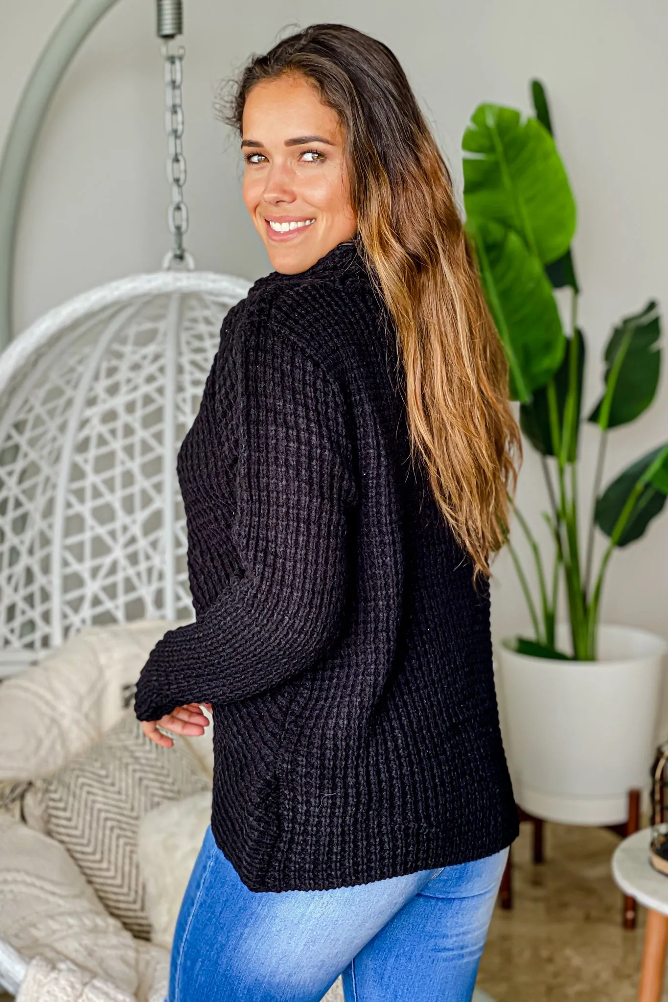 Black Knit Asymmetrical Sweater With Buttons