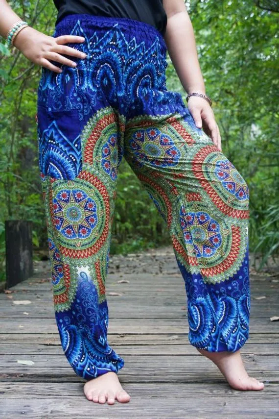 Blue Geometric Women Boho Pants Hippie Pants Yoga Pants