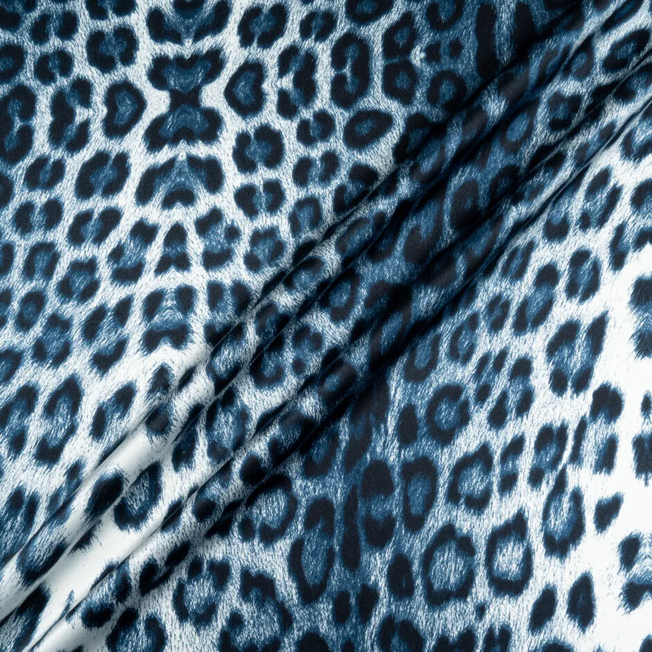 Blue on White Animal Printed Silk Satin