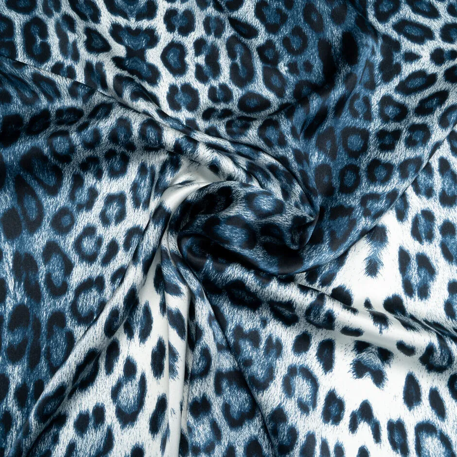 Blue on White Animal Printed Silk Satin