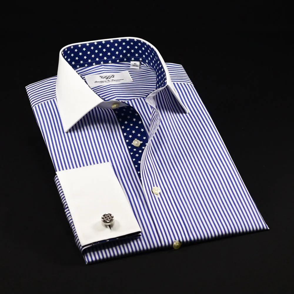 Blue Striped White Spread Collar French Cuff Business Formal Shirt Top