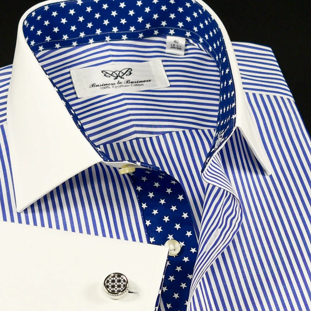 Blue Striped White Spread Collar French Cuff Business Formal Shirt Top