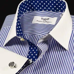 Blue Striped White Spread Collar French Cuff Business Formal Shirt Top