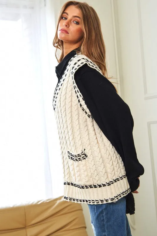 Bohemian Solid V-Neck Sleeveless Pocket Detail Sweater