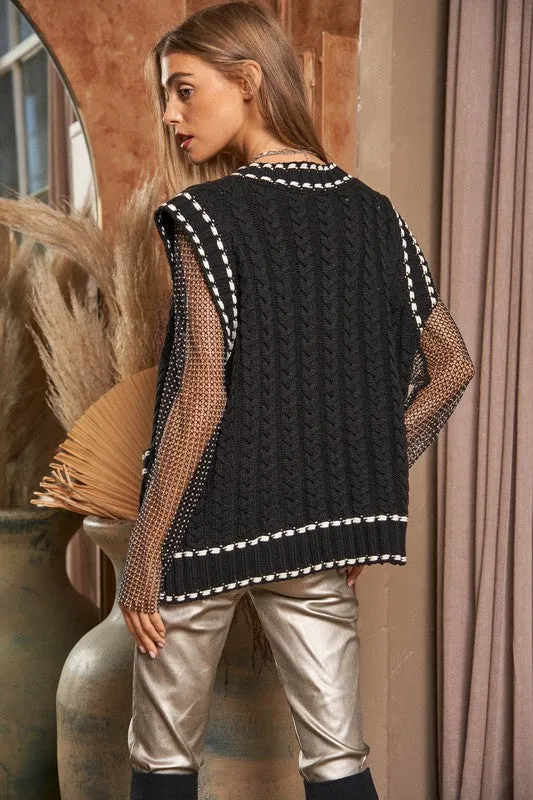 Bohemian Solid V-Neck Sleeveless Pocket Detail Sweater