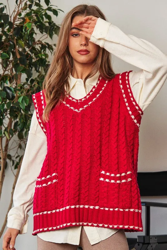 Bohemian Solid V-Neck Sleeveless Pocket Detail Sweater