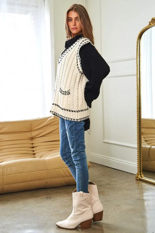 Bohemian Solid V-Neck Sleeveless Pocket Detail Sweater