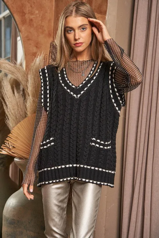 Bohemian Solid V-Neck Sleeveless Pocket Detail Sweater