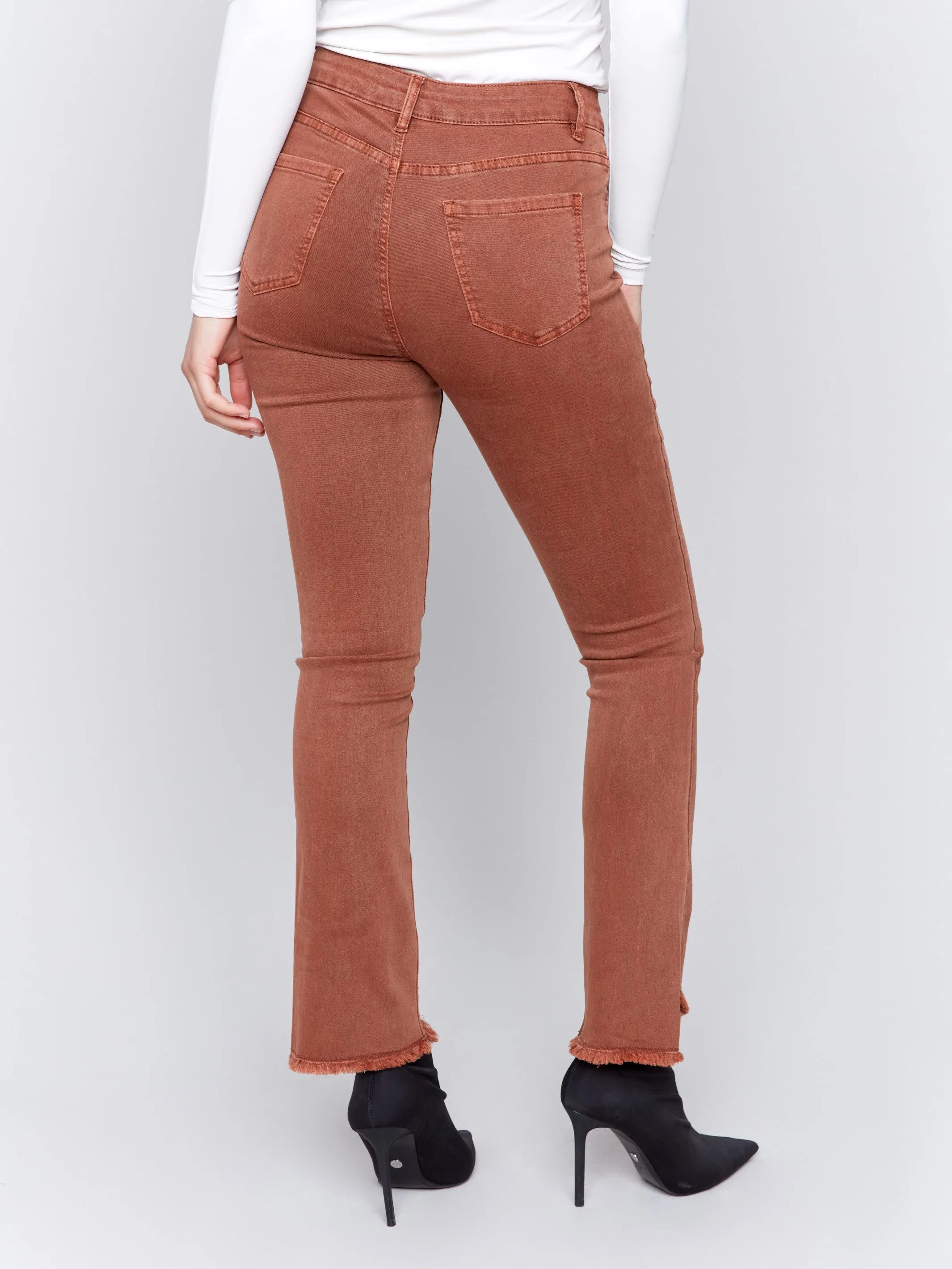 Bootcut Twill Pants with Asymmetrical Hem - Terracotta