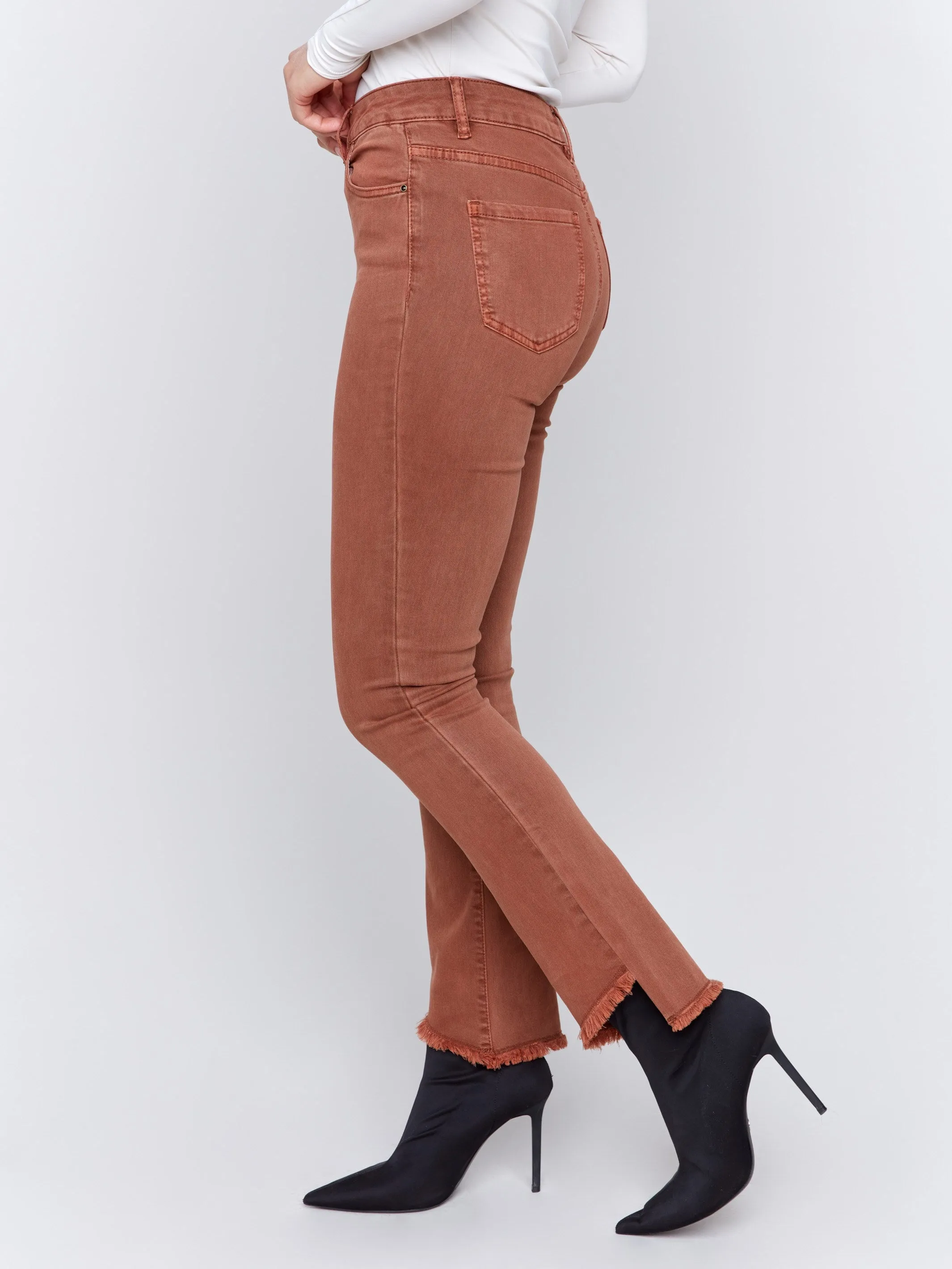 Bootcut Twill Pants with Asymmetrical Hem - Terracotta