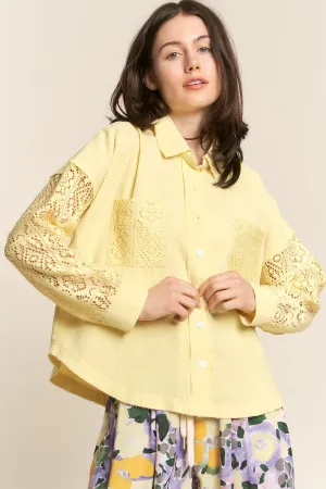 Button Down Lace Long Sleeve Waffle Shirt