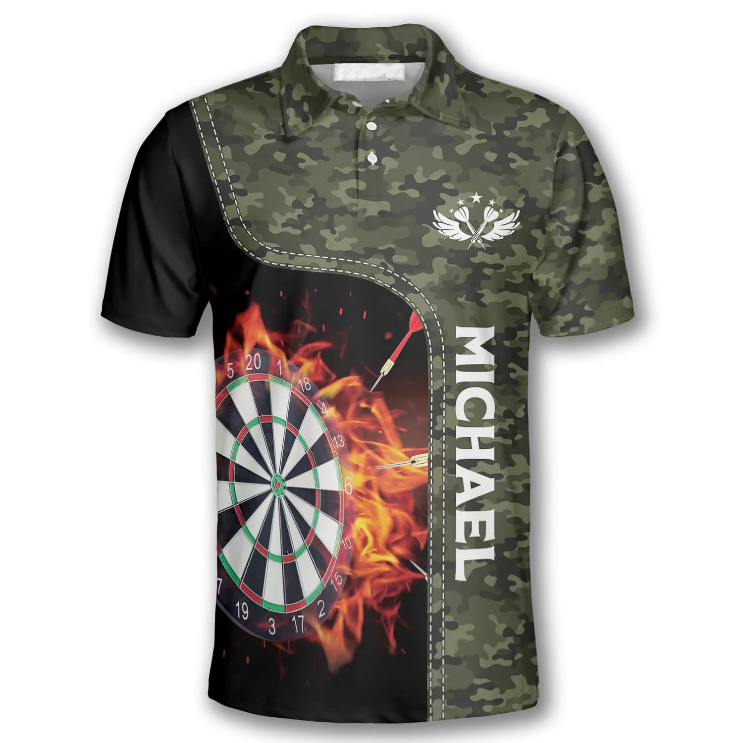 Camouflage Dart Board Fire Flame Custom Darts Shirts for Men, Dart Shirt