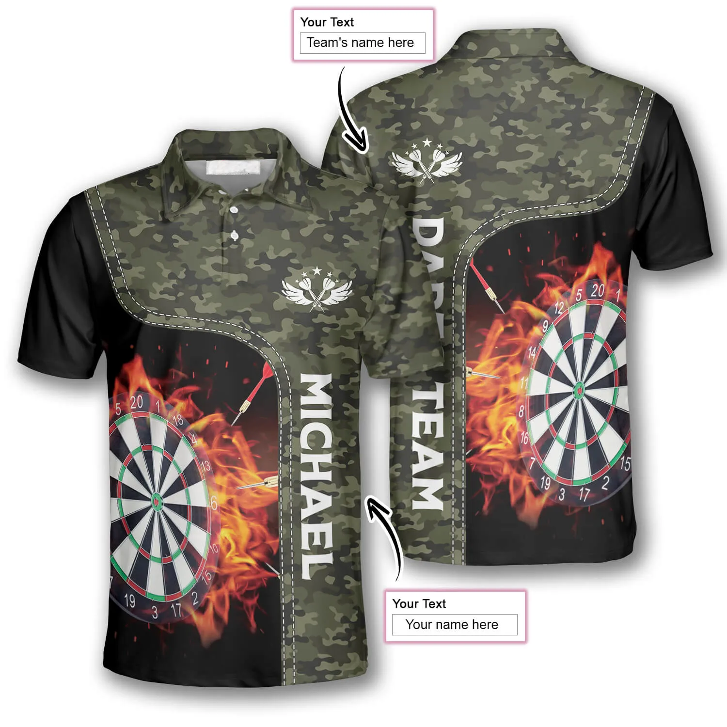 Camouflage Dart Board Fire Flame Custom Darts Shirts for Men, Dart Shirt