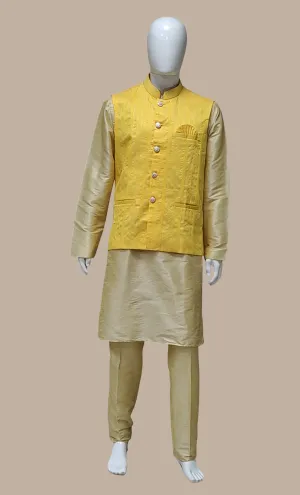 Canary Yellow Embroidered Kurta & Waist Coat