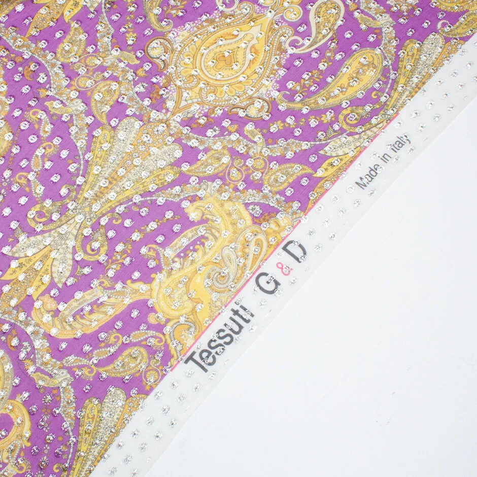 Canary Yellow Paisley Violet Metallic Silk Georgette