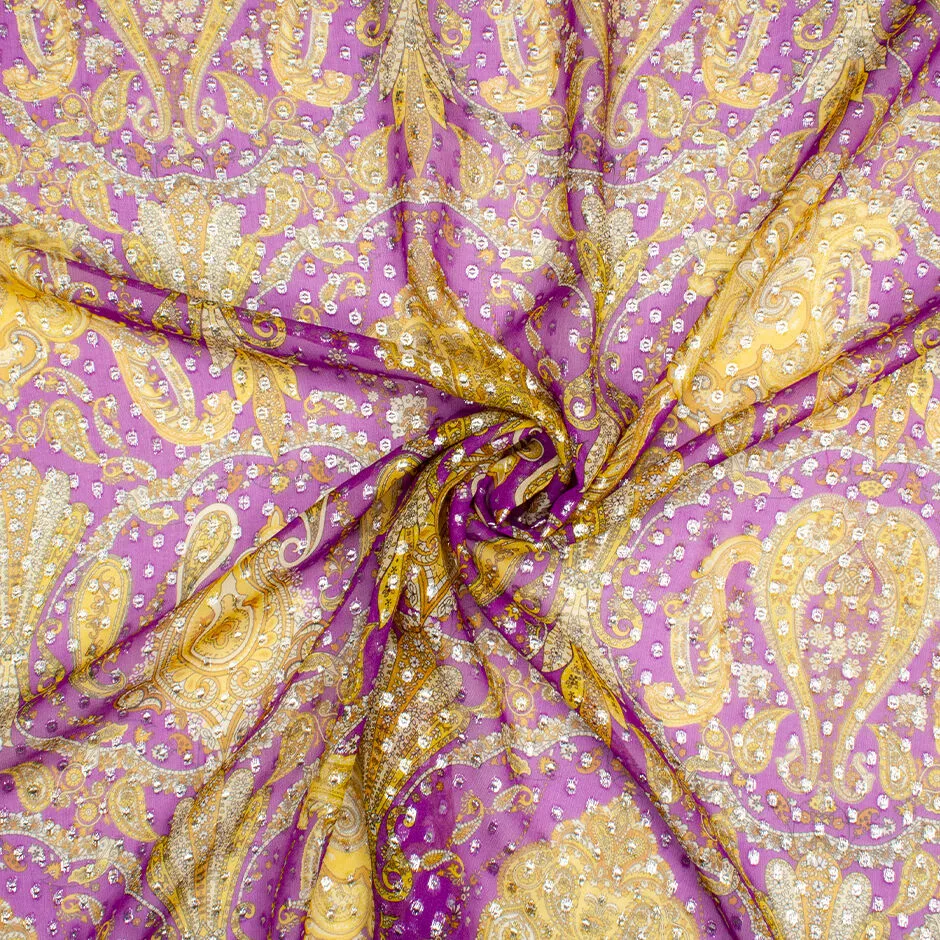 Canary Yellow Paisley Violet Metallic Silk Georgette