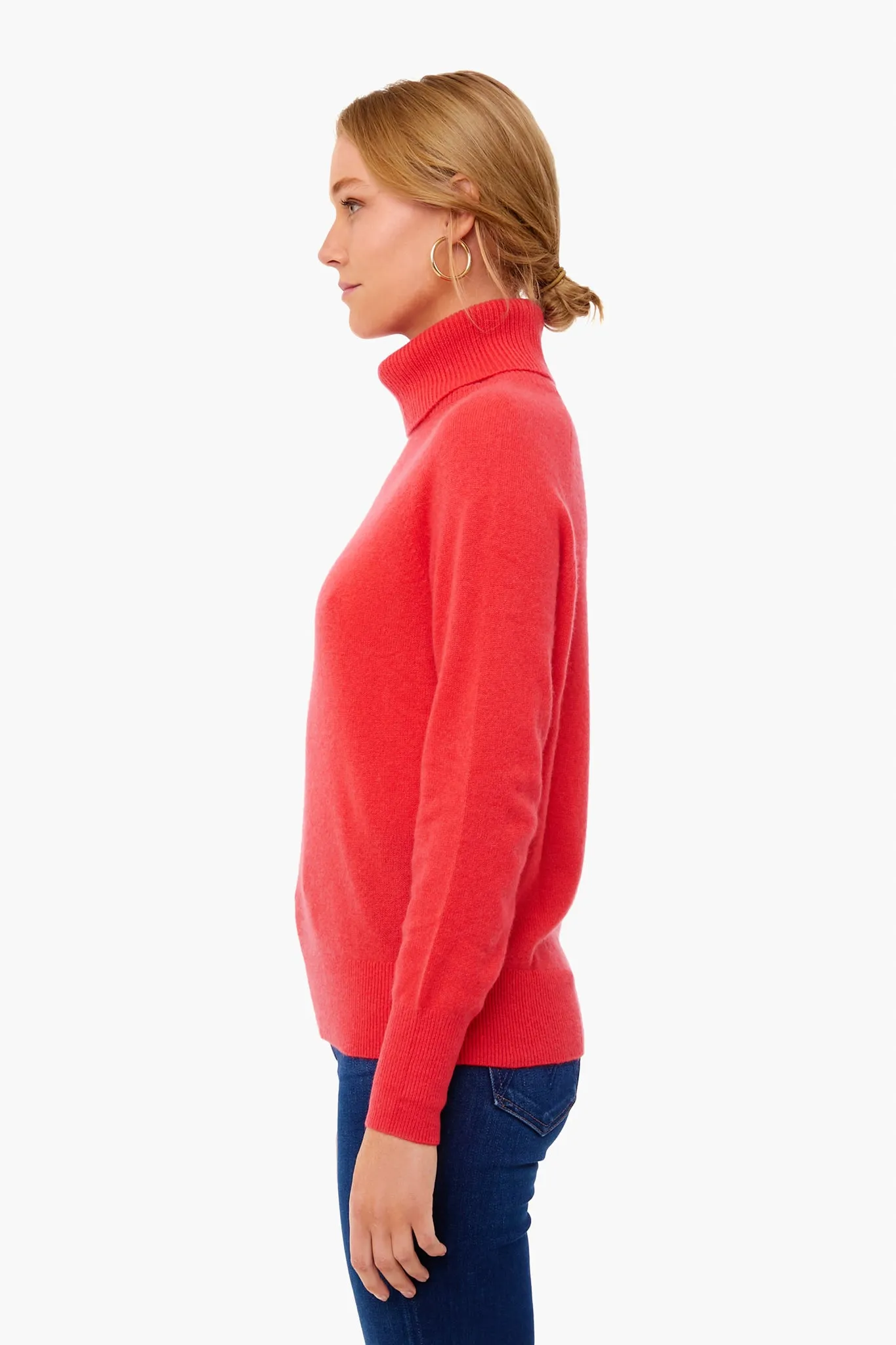 Candy Red Cashmere Ribbed Trim Turtleneck