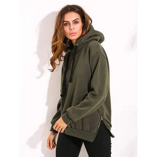 Casual Women Drawstring Long Sleeve Zipper Hem Hoodies