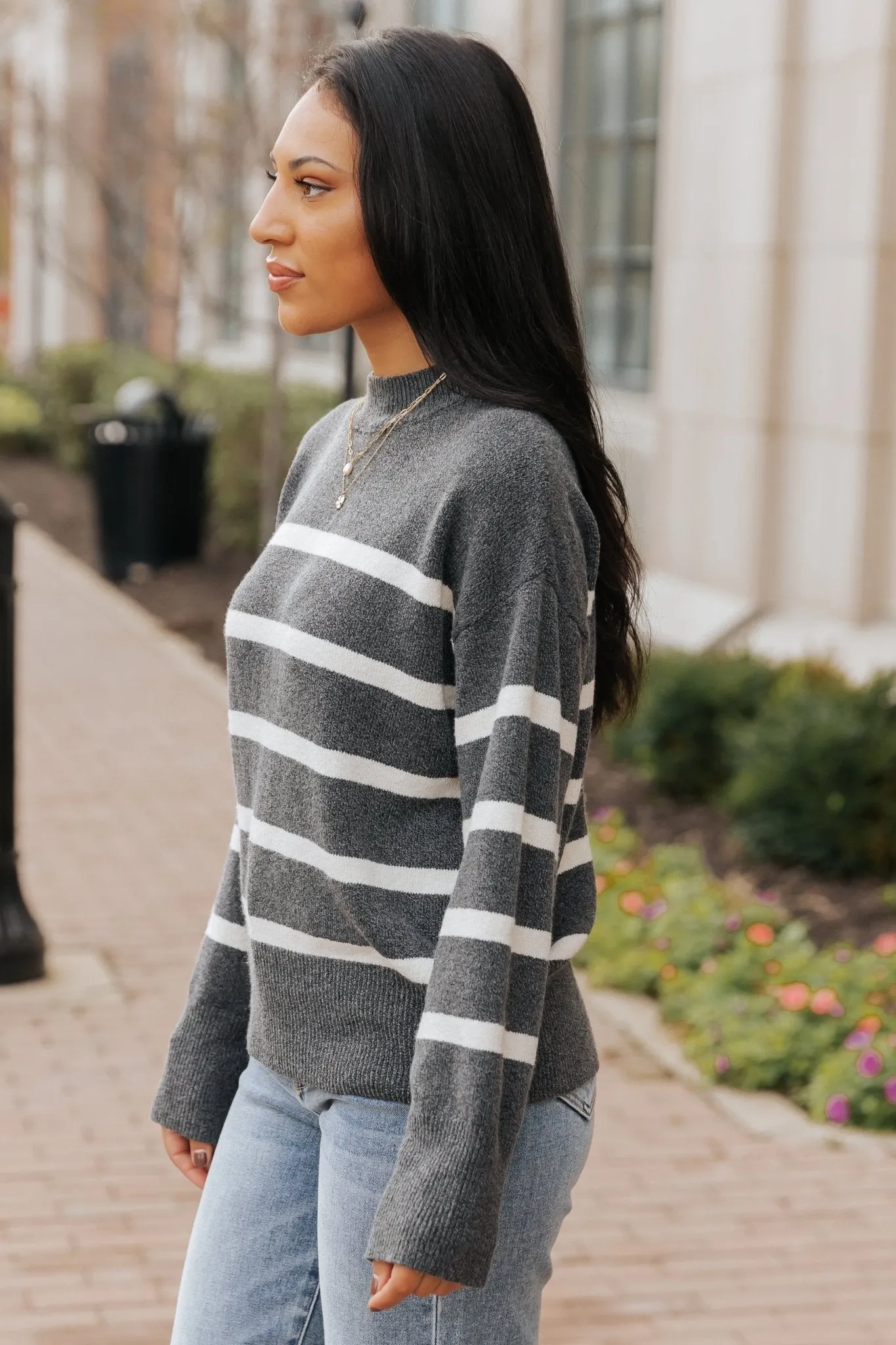 Charcoal and Cream Striped Pullover Sweater