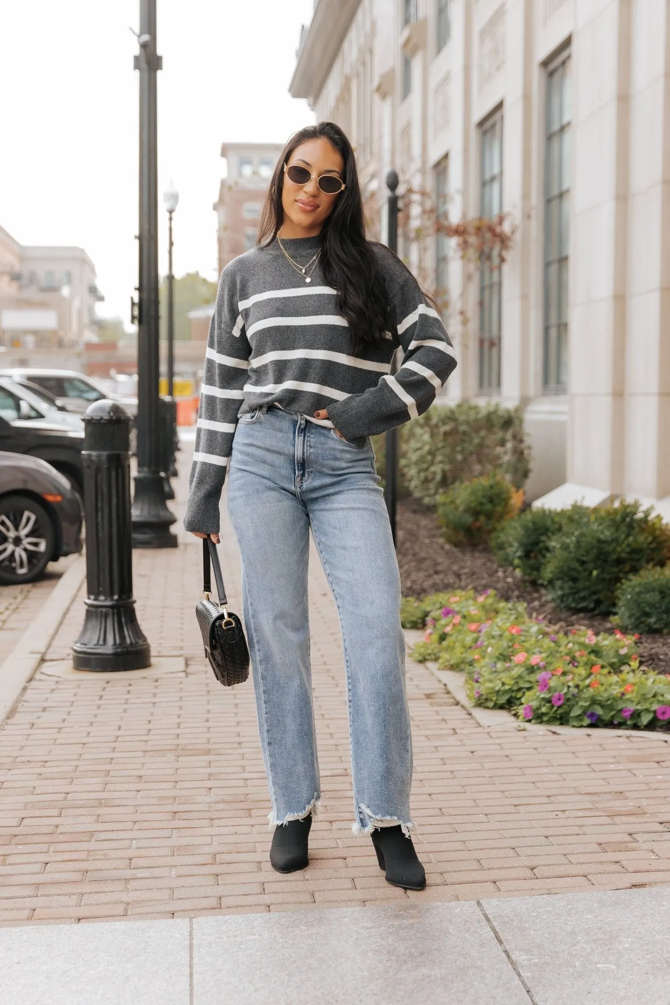 Charcoal and Cream Striped Pullover Sweater