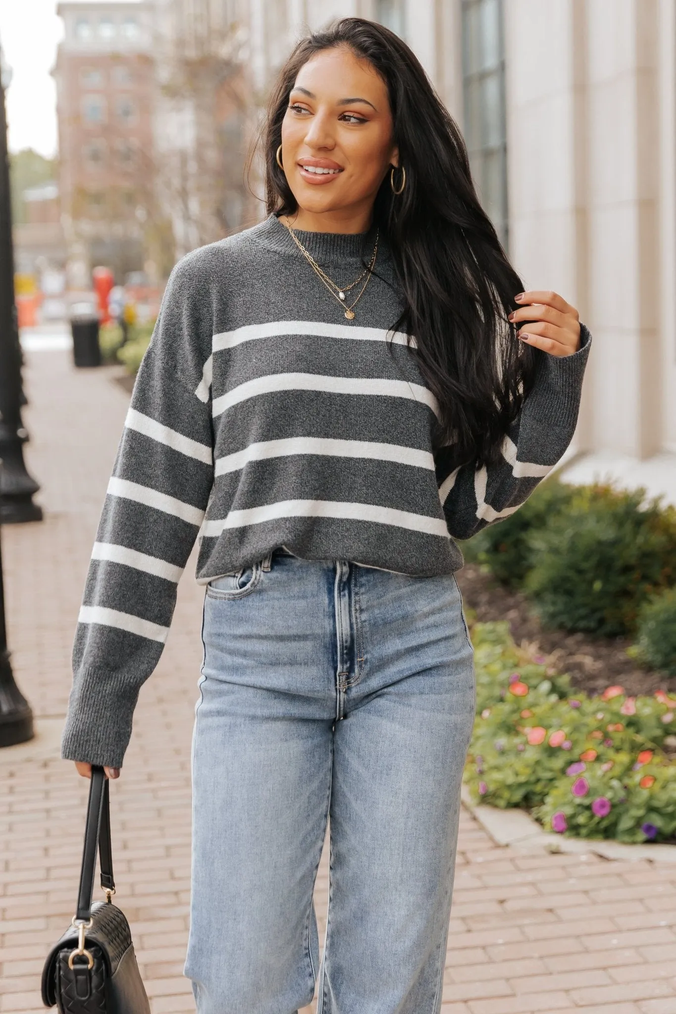 Charcoal and Cream Striped Pullover Sweater