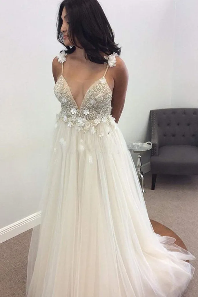 Charming Deep V Neck Beading Wedding Dress Puffy Beach Bridal Dress