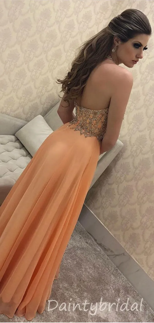 Charming Halter Chiffon Floor Length Long Prom Dresses Evening Dresses.DB10363