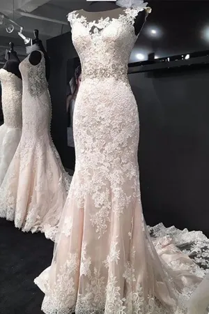 Charming Mermaid Trumpet Sleeveless Lace Appliques Wedding Dresses