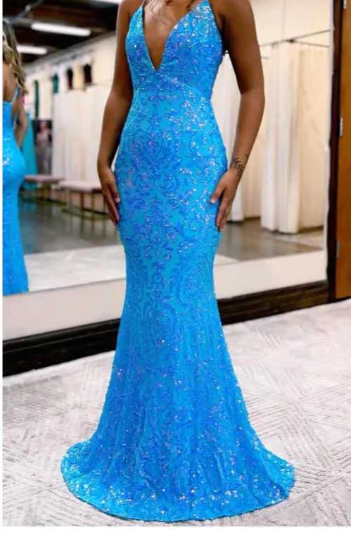 Charming Mermaid V Neck Blue Lace Sequins Long Prom Dresses