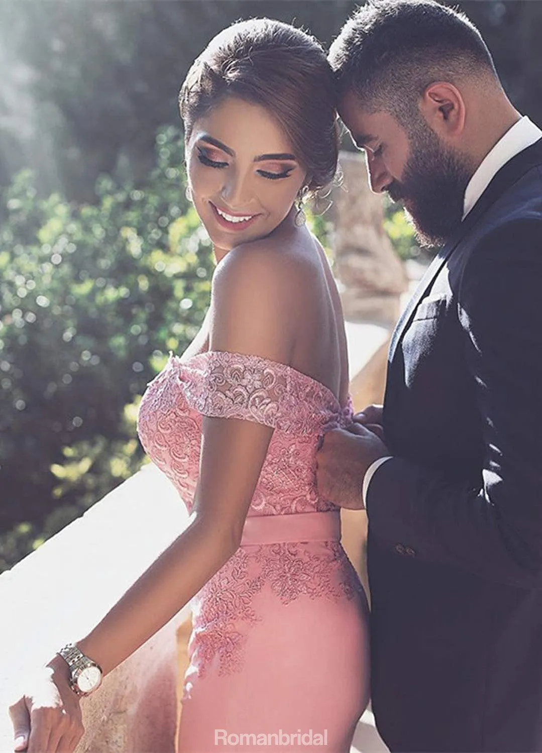 Charming Off-shoulder Pink Lace Long Prom Dress With Train, PD0609