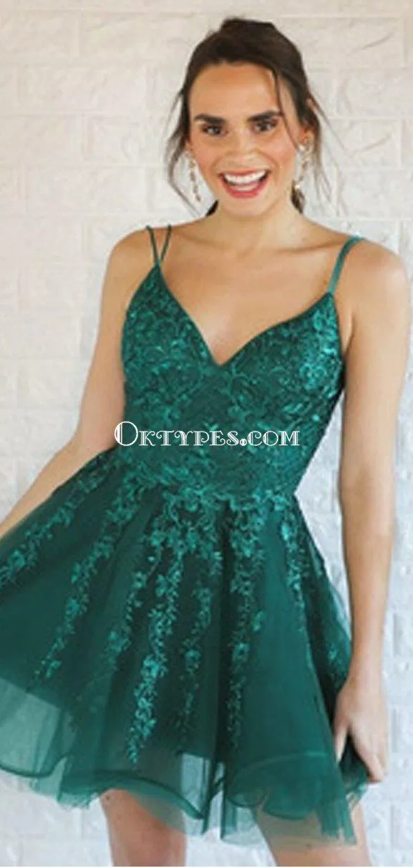 Charming V-neck Green Lace A-line Cheap Short Homecoming Dresses, HDS0017