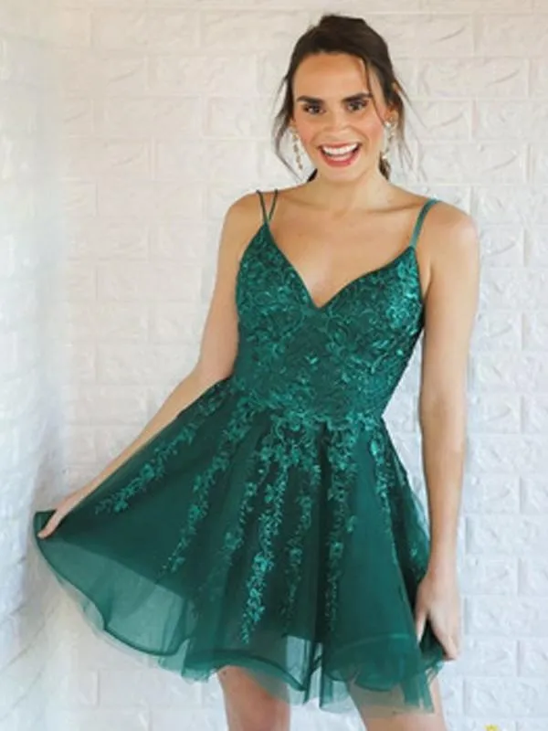 Charming V-neck Green Lace A-line Cheap Short Homecoming Dresses, HDS0017