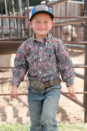 Cinch Boys Paisley Print Button Down Western L/S Shirt - Royal/Black/Red - MTW7060346