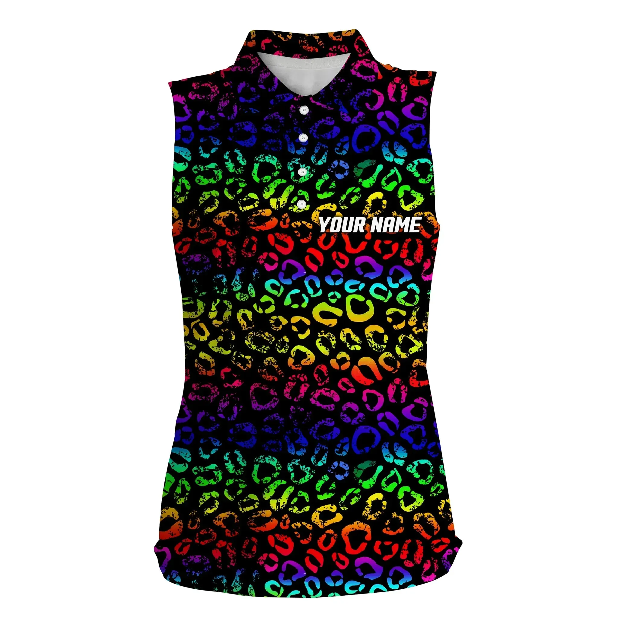 Colorful neon Rainbow leopard Womens sleeveless polo shirts, team golf shirt gift for golf lovers